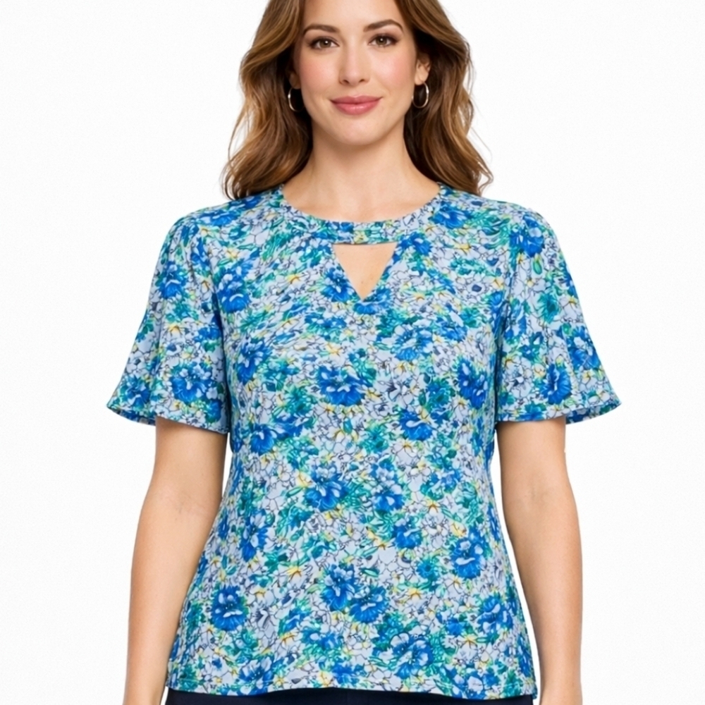 Banana Republic Floral Keyhole Top Small S Blue Yellow Flutter Sleeve Blouse